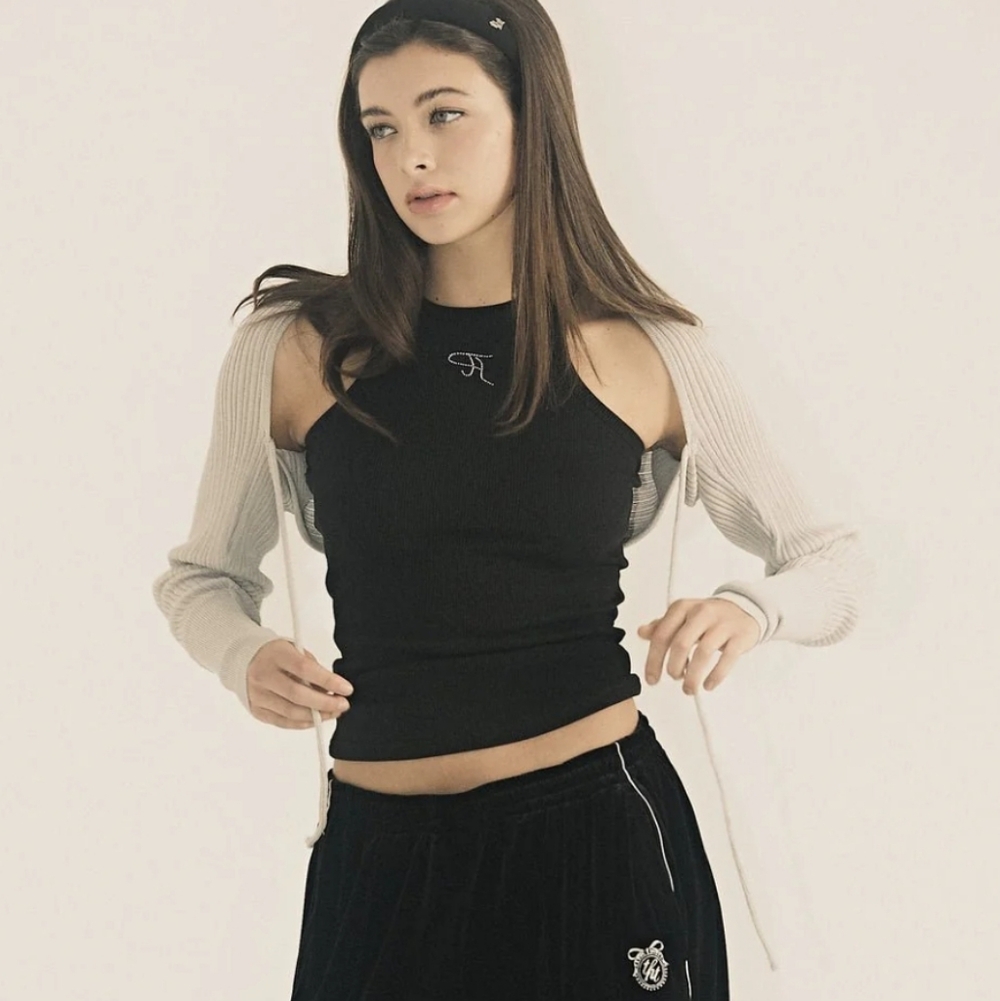 Threetimes Rhinestone Crystal Logo Ribbed Black Cropped Tank Top Size XS